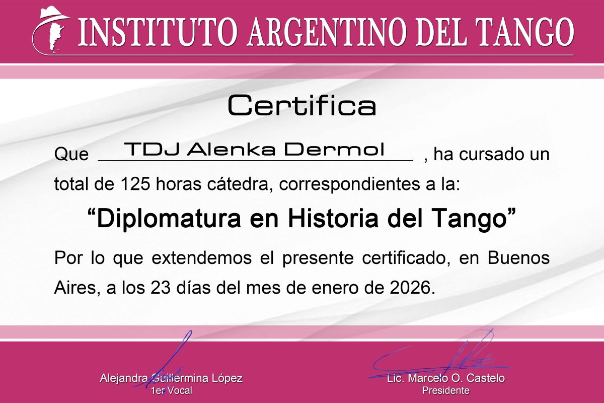 TDJ Alenka Dermol certificate Diplomatura en historia del tango